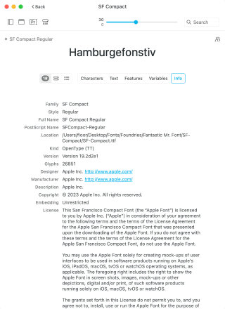 Typeface font metadata info
