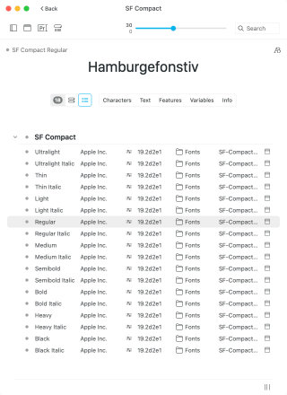 Typeface family styles list