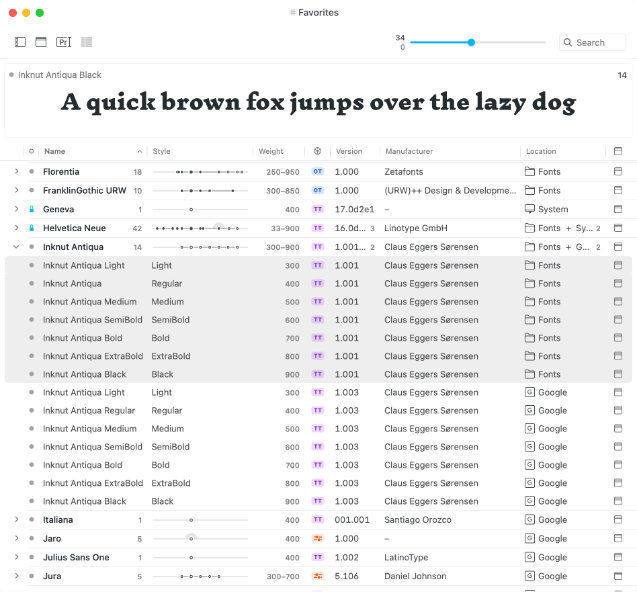 Fonts list expanded family