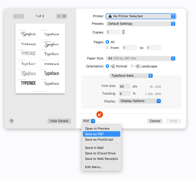 Print fonts to PDF